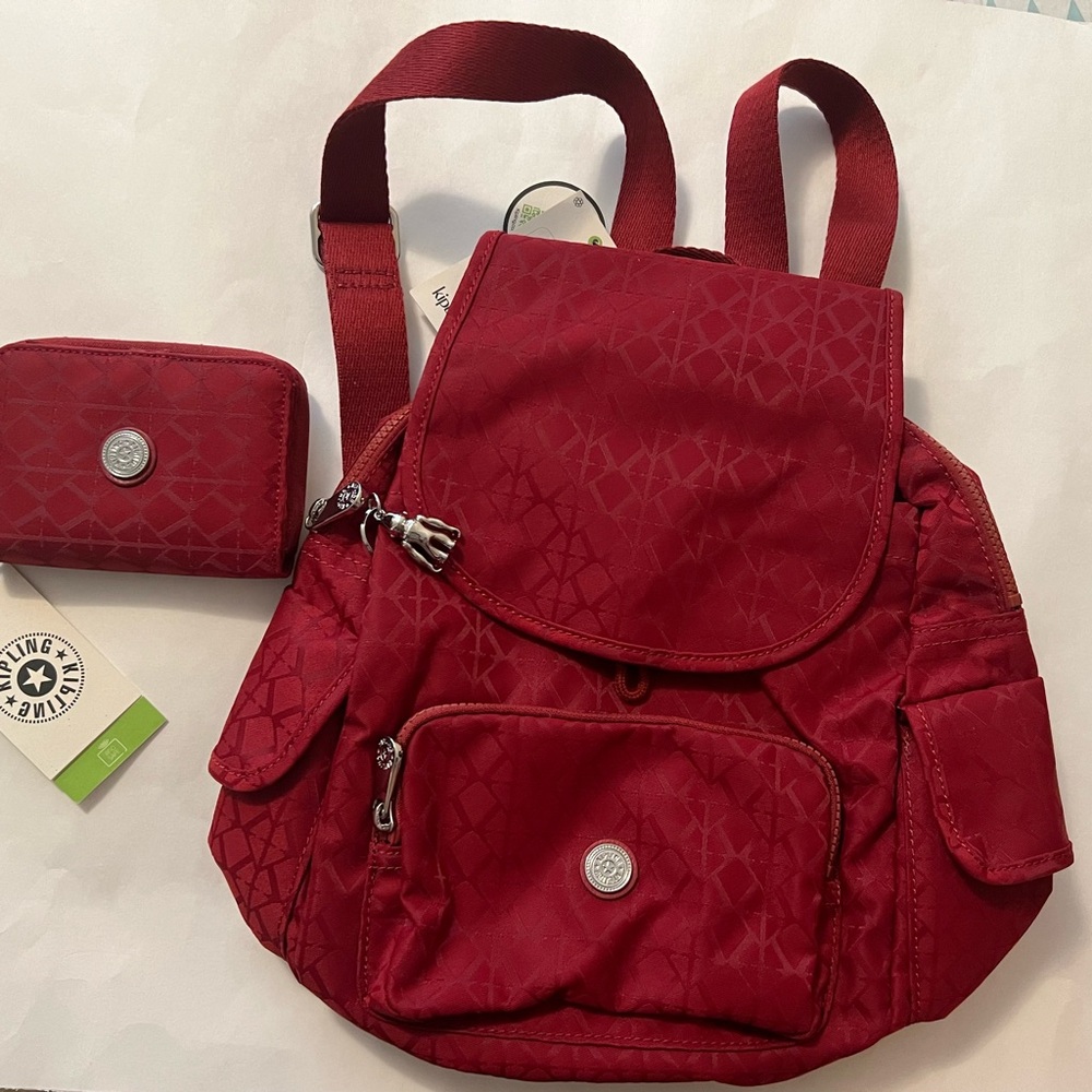 Kipling Signature Red City Pack Backpack and Money Love Wallet Bundle